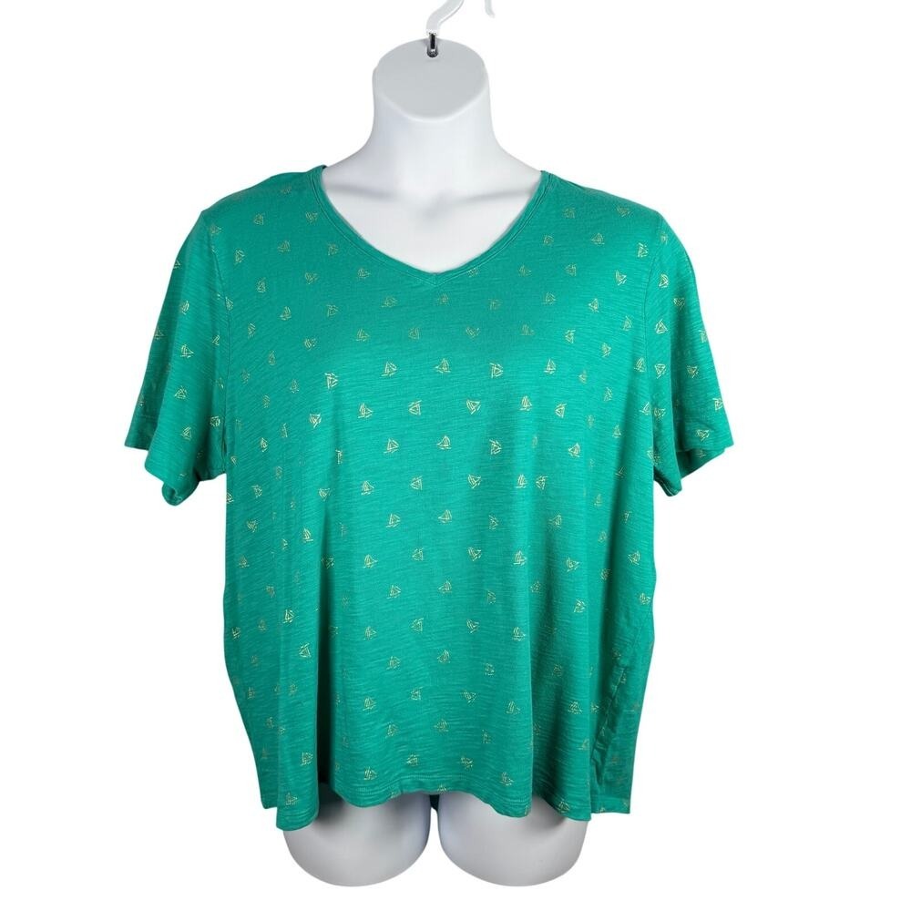Chicos‎ Top Womens 4 / US XXL Kelly Green Gold Sailboat Ultimate Tee V-neck